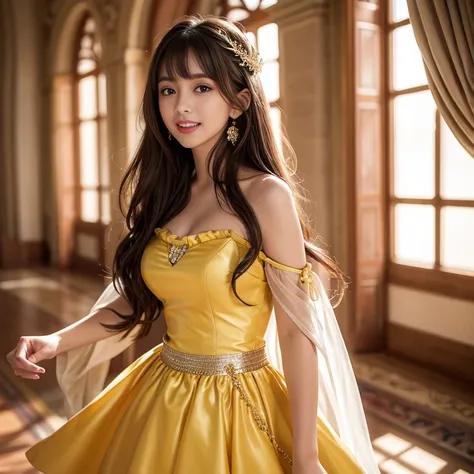 laughing out loud，1 female, 2，（Yellow princess dress in beauty and the beast），Outside the castle，Large skirt，Big hem，light brown hair, blunt bangs, hair behind ears, Shoulder length hair, long hair, Slender body type, 超face slimming型, face slimming, delica...