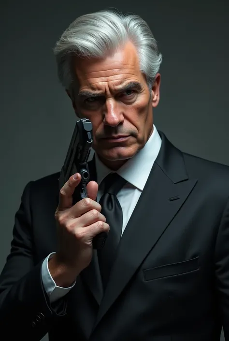  Gun, business suit, silver hair, handsome