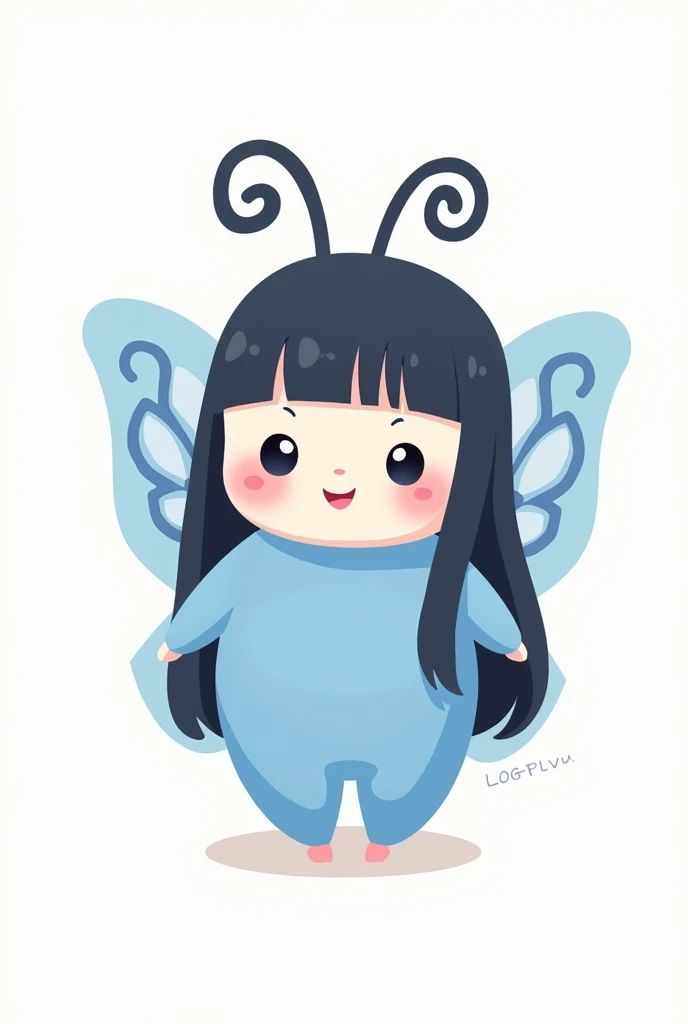 A cute little butterfly with long straight black hair with a blue outfit on a white background in the shape of a cartoon for a brand logo and that she is a little less white and that she is looking at the screen that she is small and cute like a cartoon a ...