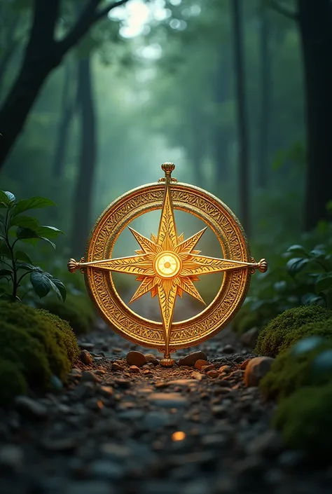 une carte à jouer avec comme dessin dessus une boussole lumineuse et en arrière plan un chemin dans une forêt. Magical atmosphere, fantasy. realistic, photo 4k 