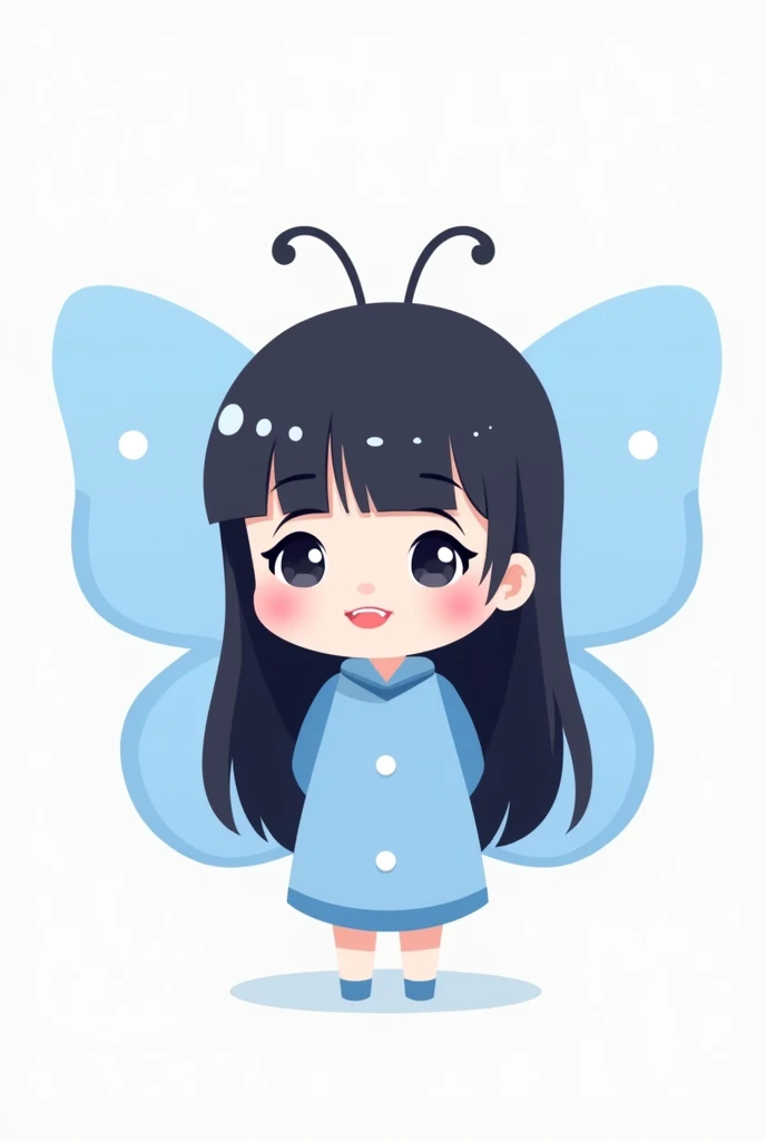 A cute little butterfly with long straight black hair with a blue outfit on a white background in the shape of a cartoon for a brand logo and that she is a little less white and that she is looking at the screen that she is small and cute like a cartoon a ...