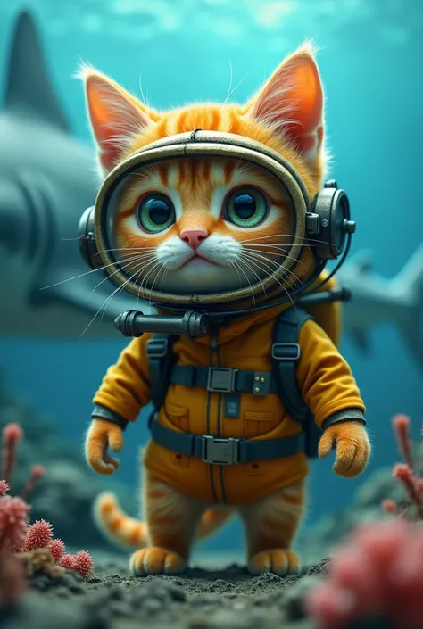 Cute close-up of a diving orange cat., in the sea, complicated details, ((Diving cat)) ,Two-legged standing,under the sea, Standing on two legs,fear,Diving suit,Cat in diving suit,shark,Blue dress,