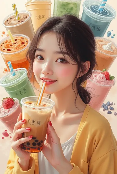 A collage of different milk tea flavors and photo of girl enjoying  her drink.