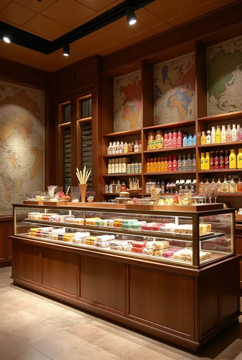 The image shows a sophisticated point of sale for sweets and drinks. At the center, an elegant display case displays a wide range of imported products, with colorful sweets and bottles of exotic drinks arranged attractively. The environment is decorated wi...