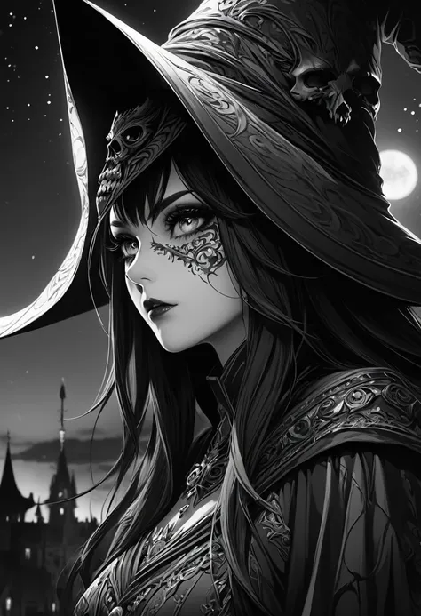 Black and white, monochrome,Side shot,(very detailed CG Unity 8k wallpaper), (masterpiece), (highest quality), (very detailed), (best illustration), (best shadow), (sharp eyeliner, eyeshadow, detailed eyes: 1.1), (skullmake, night sky, :1.1), break,(Wizard...