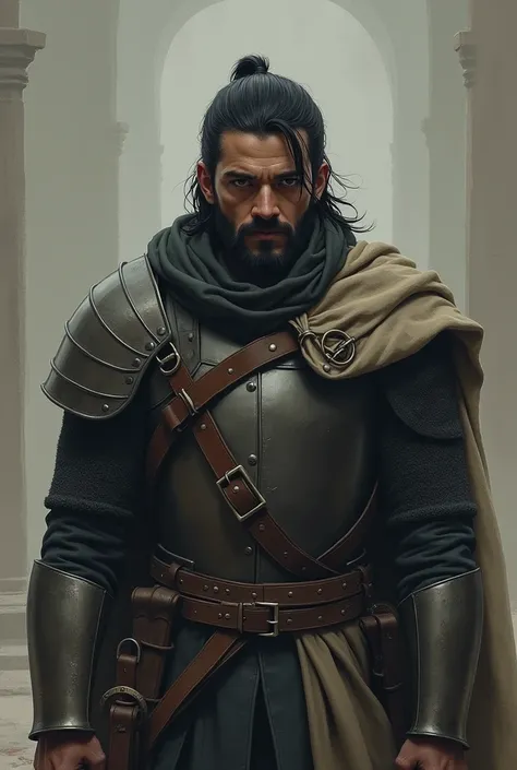 (looking to the camera), a lonely medieval soldier, Caucasian, shoulder length black hair, short ponytail hairstyle, short beard 