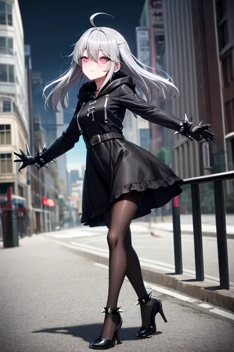 ((best quality)), ((masterpiece)), (detailed), 1 girl, Full body, 1, Face Depressed, Silver eyes, Outstretched arm, Gray zipper Hood, Blushing, Long hair, Silver hair, Spiky hair, Ahoge, Bangs, Lock of hair covering right eye, Full body, Very tall, Small b...