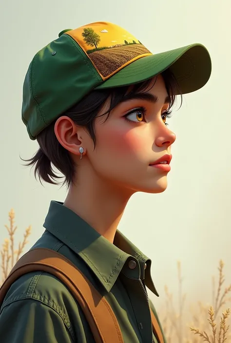 A profile or side photo of a young agricultural engineer where a crop or field appears on top of his cap and it looks realistic