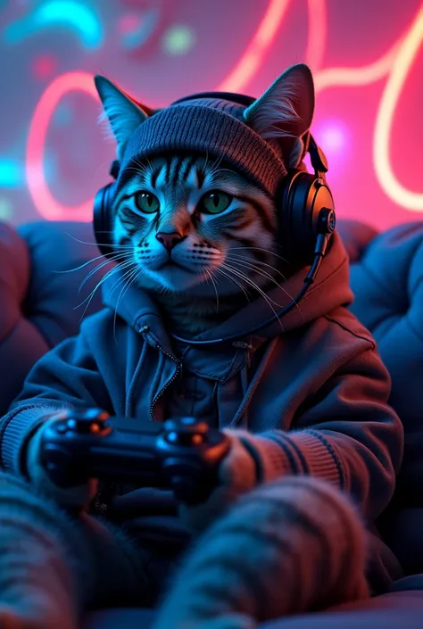 Image of a gamer cat, anthropomorphized, sitting on a couch wearing a beanie coat, holding a video game controller, throwing, using a headset with a microphone, half fluorescent light environment, swirly vibrant colors, colored leds, perfect cat, feline, h...