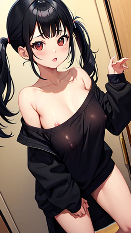 Black hair twin tails、Small breasts、naked、Nipples