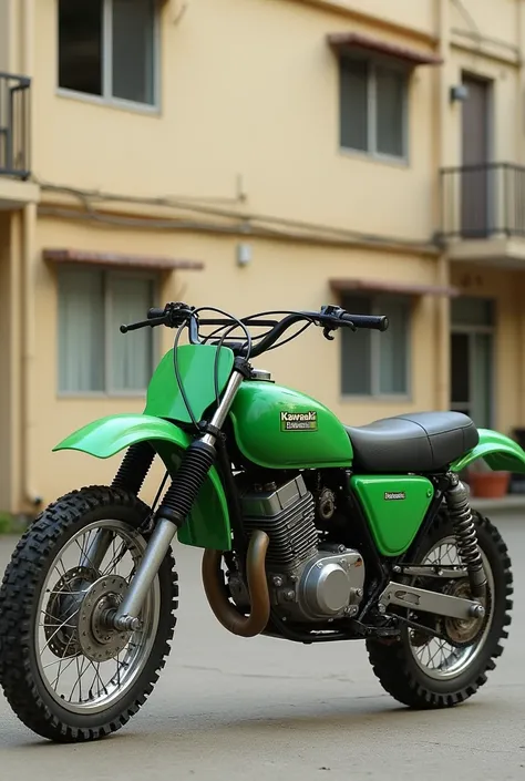 Made a green kx 125 pose against a beige social housing building