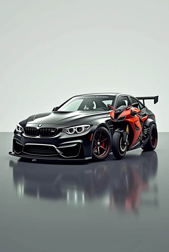 Modified BMW m3 2015 in black color with kawasaki ninja h2, in one frame. 