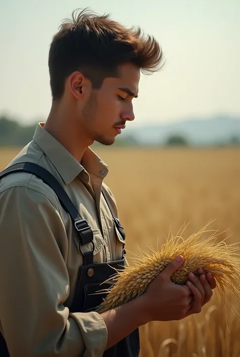 A profile or side photo of a young man who is an agricultural engineer where he holds a crop in his hands and it is a realistic photo