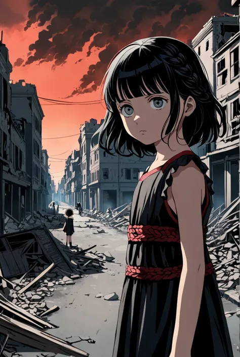 A  child, , caucasiano, he would be, braided hair with bangs, Bblack hair, grey-eyed, detailed black dress, isolated city, destroyed city in a blue and red tone, horrible creatures in the streets.