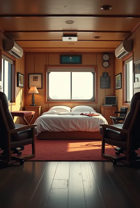 I want a 2D realistic image of a movie trailer with a bed inside and chairs I want the inside view only