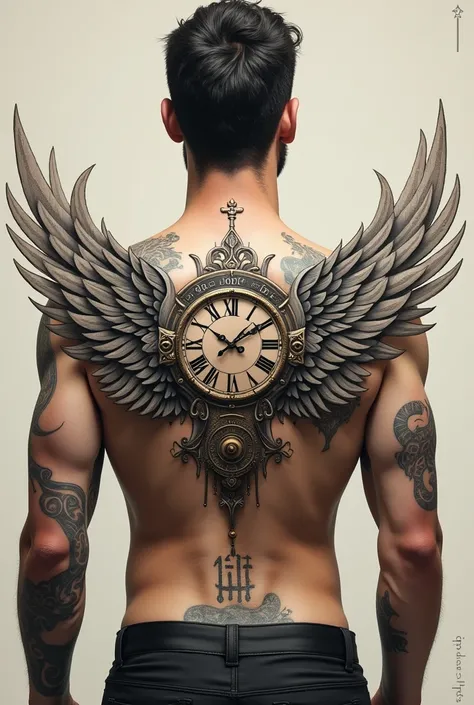 Wings tatoo with clock and rune words for man half back