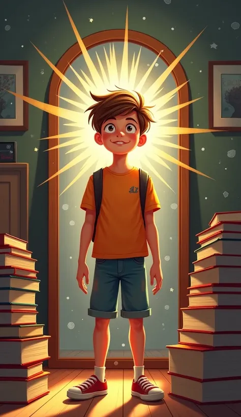 A young man or woman stands in front of a mirror, looking full of enthusiasm and inspiration, with a stack of books next to him. There were flashes of light around their heads to depict the ideas that came to their minds.