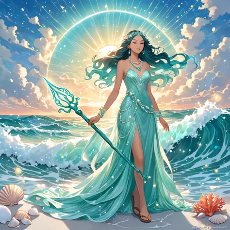 A serene oracle with hair that flows like the waves of the ocean, adorned with seashells and pearls, wearing a gown made of shimmering seafoam and coral, a necklace of glowing sea crystals, and sandals that leave wet footprints, wielding a trident that com...