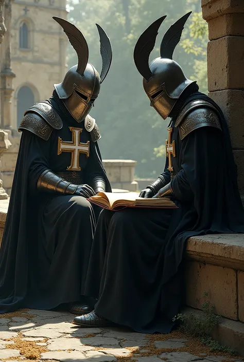 ultra realistic picture of two templar knights in armor, black robes with white cross, winged great helm,reading a holy script while sitting on a stone bench, monastery in the background