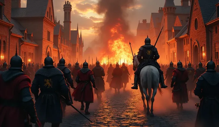 A powerful and dark illustration depicting English troops sacking and burning a Norman city in the 14th century. The scene is set at dusk, with the sky ablaze in fiery oranges and reds, reflecting the flames consuming the thatched roofs and stone buildings...