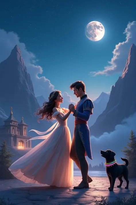 Princess and prince dancing outside of palace in the night full of the stars with black doggy wearing julie band in nack and roses Mountains arround