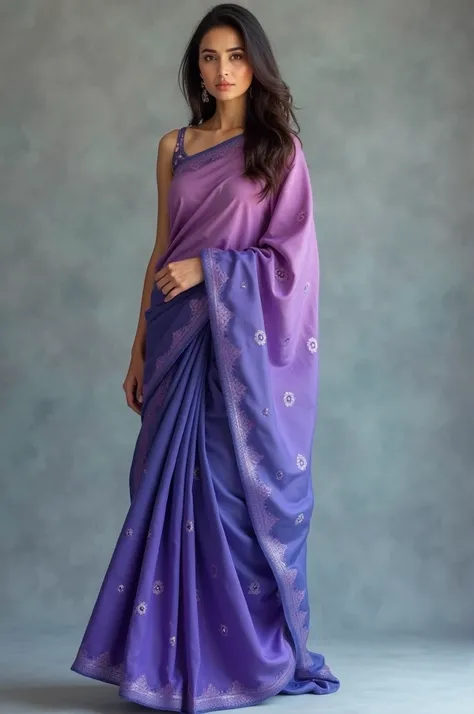 Creat a healthy realistic lady she is wear purple blue blend saree