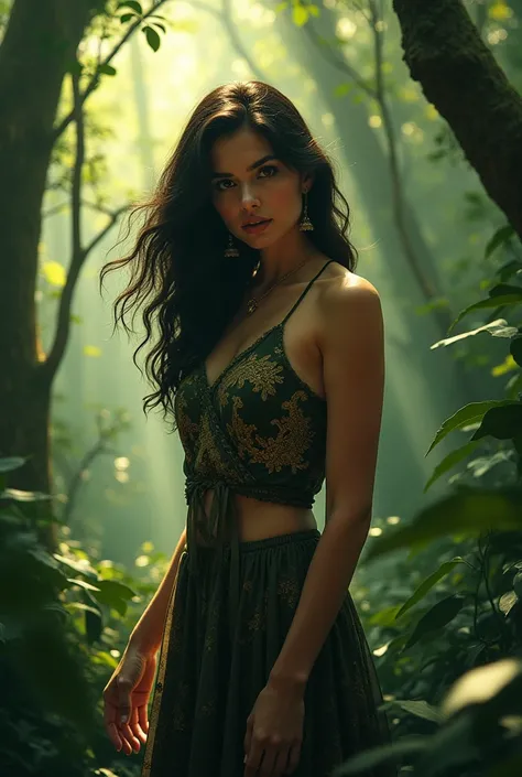 Capture a model with black hair amid a dense, enchanting forest, wearing a short, intricate Indian dress. Her tempting expression and the dappled sunlight filtering through the trees create a magical ambiance