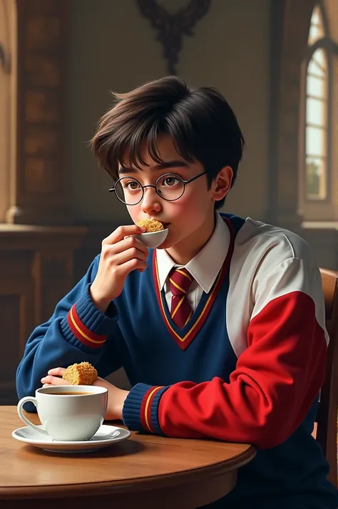 Harry Potter, drinking coffee, eating cake, Hogwarts uniform with Chilean flag colors 