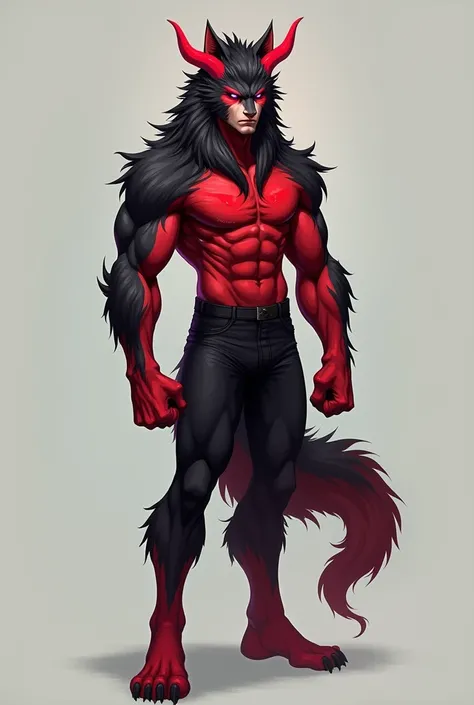 Wolf fur(Red color y negro), red devil&#39;s tail, teenager(athletic), tight clothes(black color), musculino(teenager), ram horns(Red color),Alone (Posing), Violet Wolf Eyes.