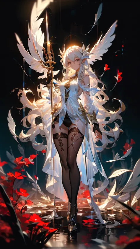 Perfect quality，Perfect body proportions，Long legs，Elf，whole body，Long curly hair，Standing picture，White，Feather coat，Leaves，Petals falling，sexly, See-through pantyhose，Fishnet stockings，transparent