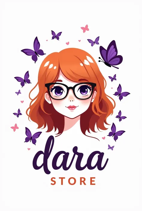 logo in 2d ,with a white girl with copper hair wearing glasses that says Dara Store in pretty letters and purple butterflies