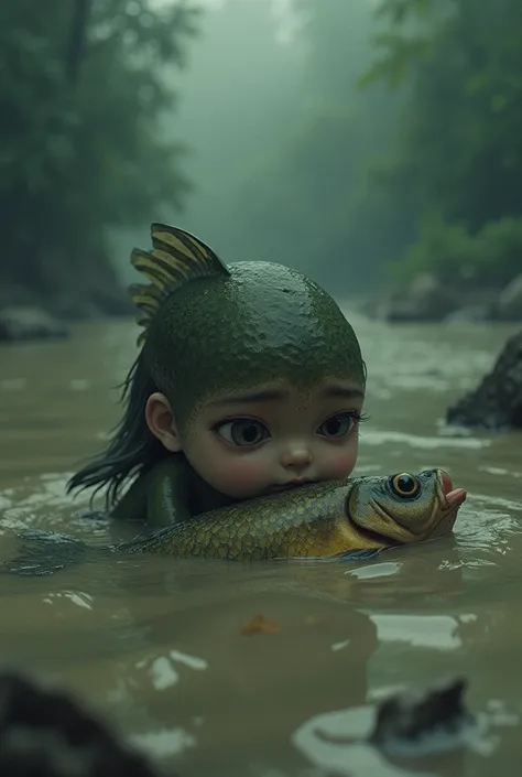 The child of Ikan puyu cried mourning the death of his mother in the river due to the natural disaster of flash floods due to the attitude of humans who throw garbage in the river.