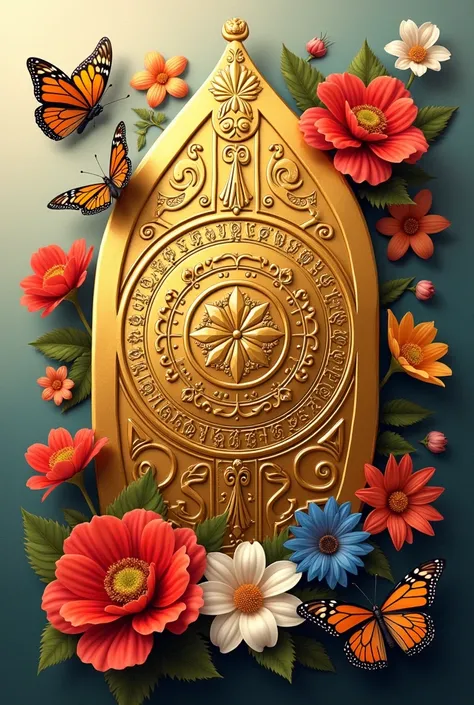 Create a golden Andean Chakana from Chile, similar to the one in the reference image, centered on the canvas. The Chakana should have a polished, intricate design with cultural symbols engraved into its surface. Surround the Chakana with vibrant flowers in...