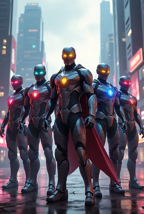 Group of 5 superheroes in armor suits