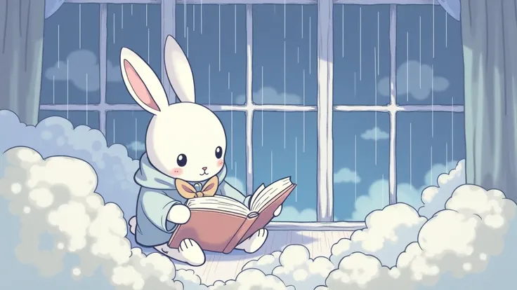 Cute rabbit, Reading a book in the room, Dreamy scenario, It&#39;s raining outside, Fantastic dreamscape, eiichiro oda