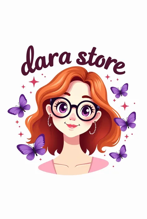 logo in 2d ,with a white girl with copper hair wearing glasses that says Dara Store in pretty letters and purple butterflies