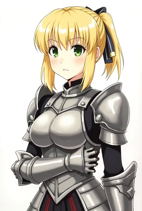 (masterpiece:1.2), (absurdres), (detailed face),(detailed eyes), (best quality) (traditional media:1.2)  , (white backround), upperbody, (expressionless),  artoria_pendragon_(fate), saber, armor, blonde hair, gauntlets, green eyes, hair ribbon, armored dre...