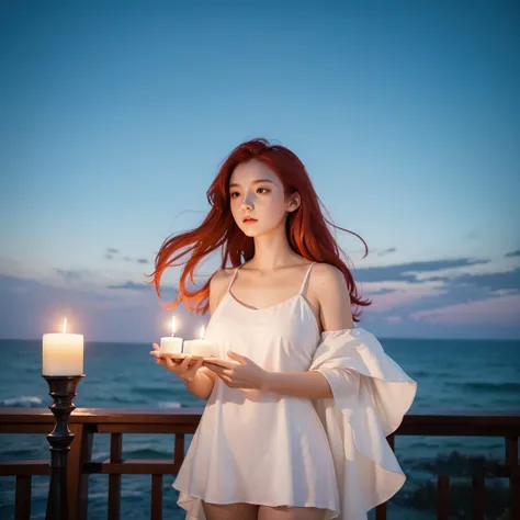 1girl, Best Quality, Red Hair, short dress, white dress, loose dress, looking at the horizon, holding a candle, night 