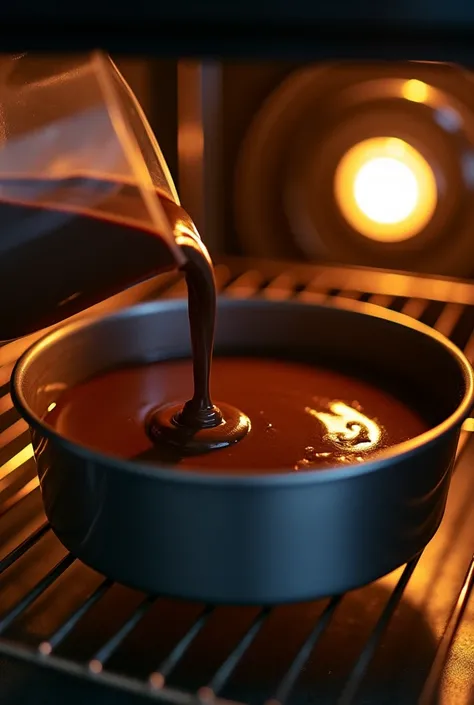 The chocolate cake mixture is poured into a cake pan and placed into the preheated oven, the oven light glowing warmly.