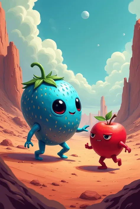 A blue alien strawberry fighting the red good apple on Mars