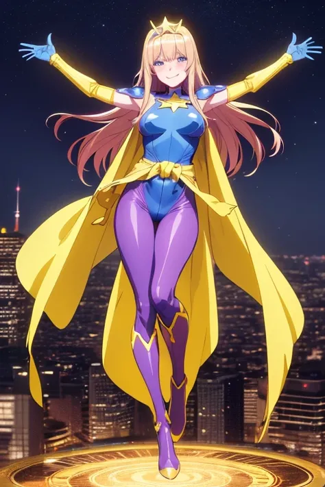 ((best quality)), ((masterpiece)), (detailed), 1 girl, Full body, 1, Smiling face, Blue eyes, Star-shaped tiara, Arms outstretched, Arms behind waist, Blue superhero mask, Blushing, Blonde hair, Straight hair, Long hair, Bangs, Hair ornaments, Star hair or...