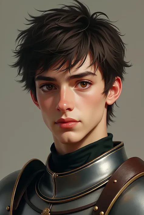 (photorealism:1.2), has short, tousled dark brown hair and warm, hazel eyes that convey both his inner turmoil and deep affection for those he cares about. He has a strong, athletic build, a result of his training as an honorable knight. His attire is prac...