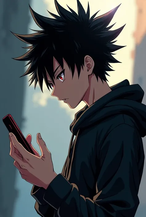 Anime boy , Spiky hair , black hair , black hoodie , red eyes , narrowed eye , playing phone , manga background , side view