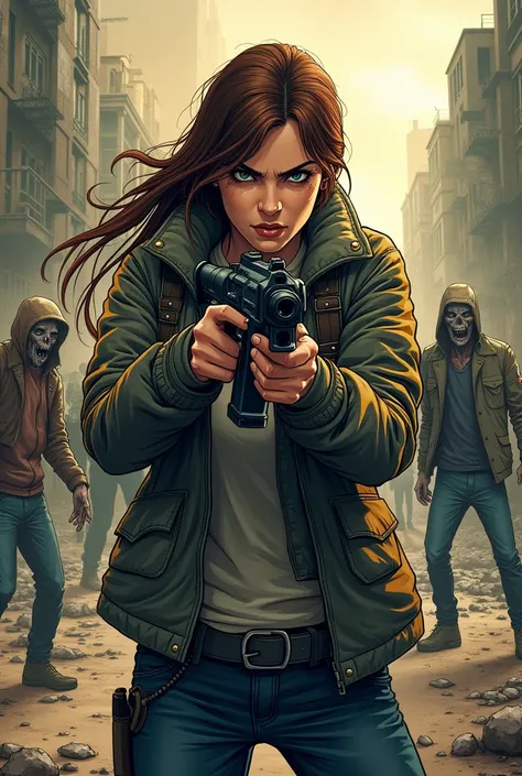 Woman in jacket pointing a gun forward wearing a mavhila on her back zombie apocalypse comic book 