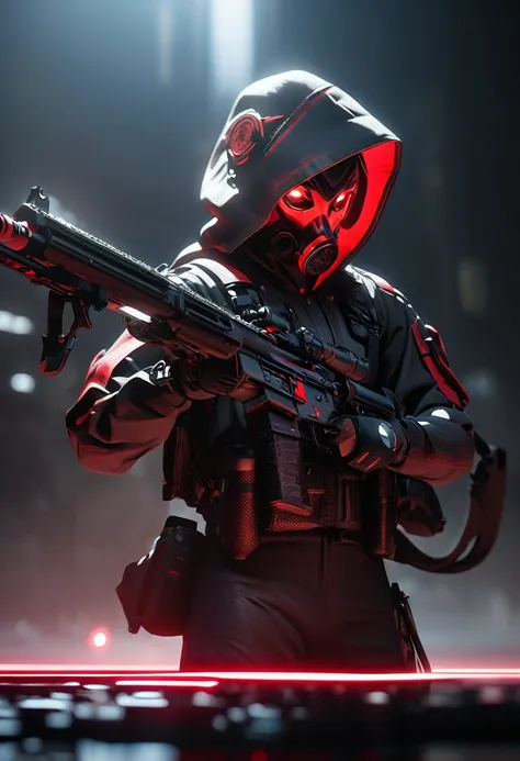 Male, hired gun, wearing black and red coloured tactical gear, wearing a edgy mask that has glowing eyes, wearing a hood over the mask, holding a rifle High Resolution, Masterpiece, Accurate, Anatomically Correct, Best Quality, Award Winning, Simple backgr...