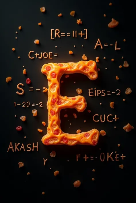 Write Akash in a small font size with e first letter in capital  with a ranch dip beside it,in a black background with prominent maths formulae of integration Pixar version 