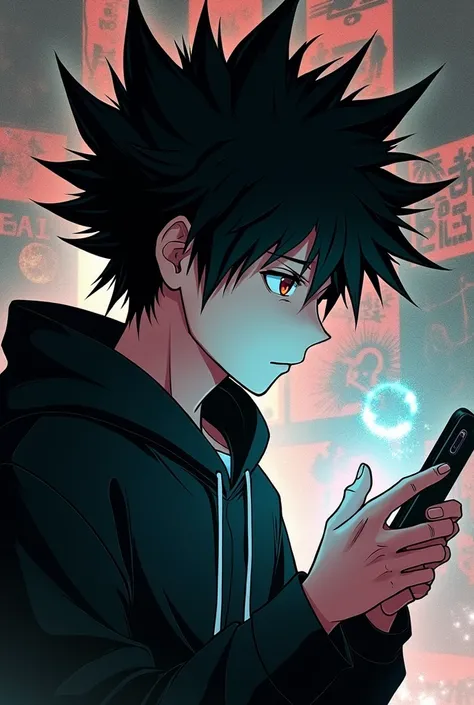 Anime boy , Spiky hair , black hair , black hoodie , red eyes , narrowed eye , playing phone , anime comic manga background , side view