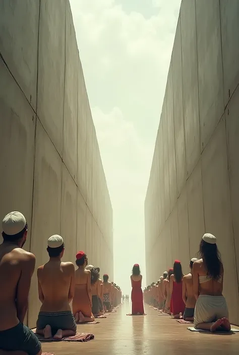 There is a high wall separating two groups, on one side men pray kneeling in underwear and Islamic caps on their heads, on the other side women with winds pray standing up.