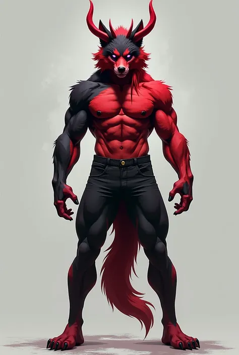 Wolf fur(Red color y negro), red devil&#39;s tail, teenager(athletic), tight clothes(black color), musculino(teenager), ram horns(Red color),Alone (Posing), Violet Wolf Eyes.