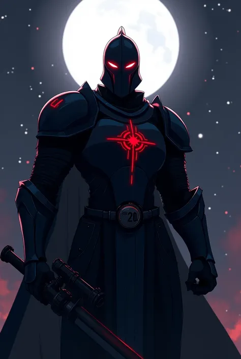 A Knight in a black armour and red glowing eyes and holding gun and looking front  in background night sky moon in anime version on armour write ARMOUR with logo